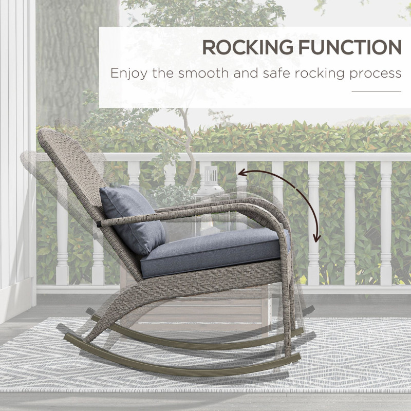 Adirondack Chair, Outdoor Wicker Rocking Chair with High Back, Seat Cushion and Pillow for Porch, Balcony, Grey