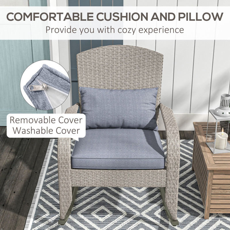 Adirondack Chair, Outdoor Wicker Rocking Chair with High Back, Seat Cushion and Pillow for Porch, Balcony, Grey