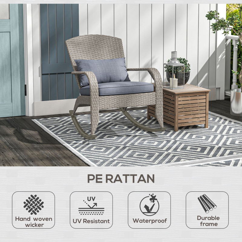 Adirondack Chair, Outdoor Wicker Rocking Chair with High Back, Seat Cushion and Pillow for Porch, Balcony, Grey