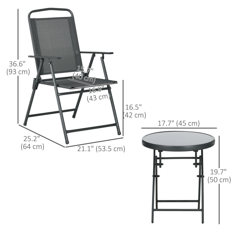3 Pieces Bistro Set, Foldable Patio Furniture Set with Mesh Chairs, Glass Table for Garden, Balcony, Charcoal Grey