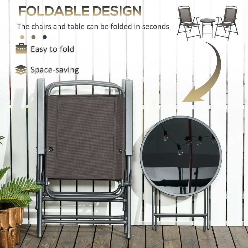 3 Pieces Bistro Set, Foldable Patio Furniture Set with Mesh Chairs, Glass Table for Garden, Balcony, Charcoal Grey