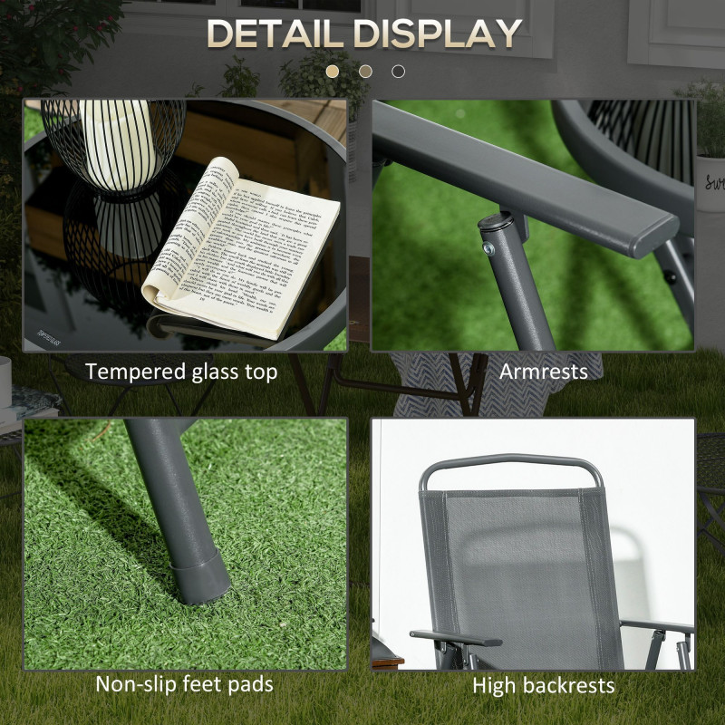 3 Pieces Bistro Set, Foldable Patio Furniture Set with Mesh Chairs, Glass Table for Garden, Balcony, Charcoal Grey