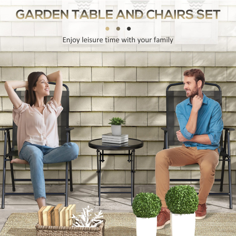 3 Pieces Bistro Set, Foldable Patio Furniture Set with Mesh Chairs, Glass Table for Garden, Balcony, Black
