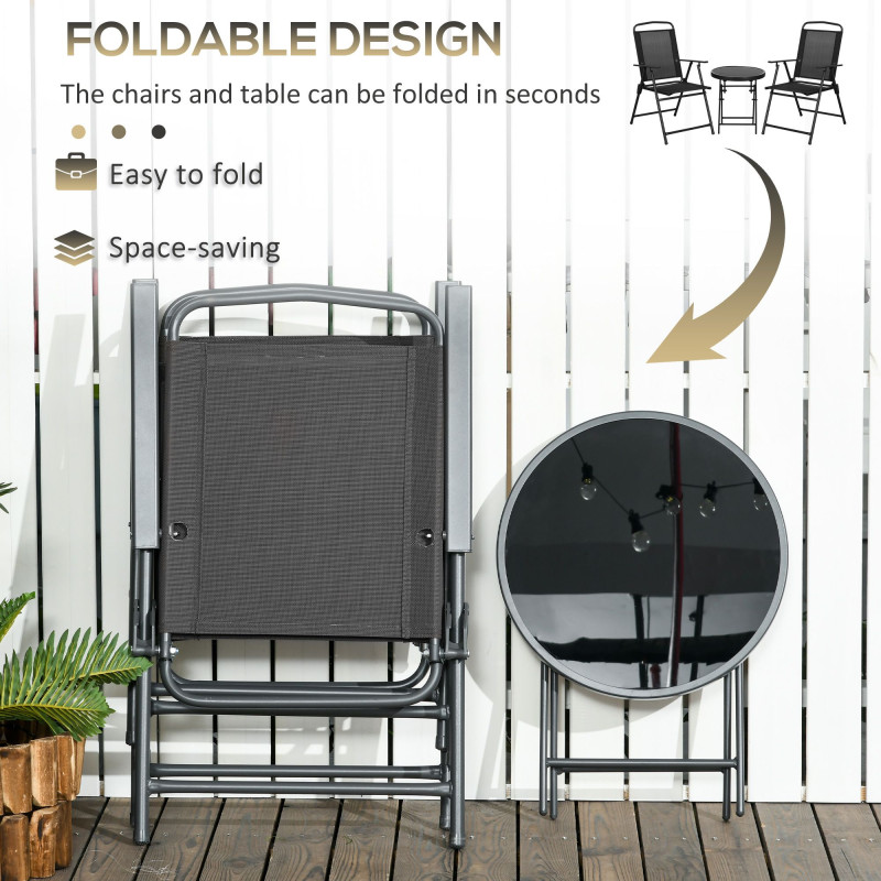 3 Pieces Bistro Set, Foldable Patio Furniture Set with Mesh Chairs, Glass Table for Garden, Balcony, Black