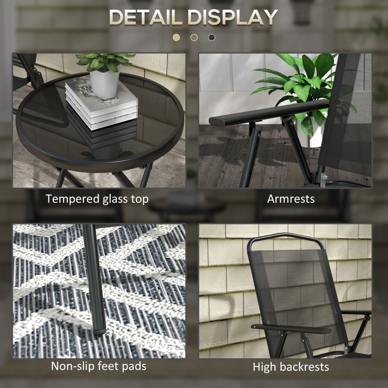 3 Pieces Bistro Set, Foldable Patio Furniture Set with Mesh Chairs, Glass Table for Garden, Balcony, Black