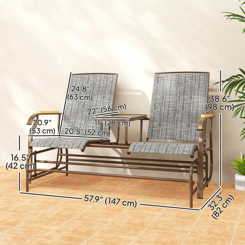 Outdoor 2-Person Glider Bench, Outside Swing Glider Chair Loveseat with Breathable Mesh, Table, Steel Frame
