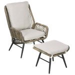 2 PCs PE Rattan Leisure Chair Set, Outdoor Reclining Patio Chair and Footrest w/ Adjustable Backrest & Cushion, Khaki