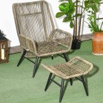 2 PCs PE Rattan Leisure Chair Set, Outdoor Reclining Patio Chair and Footrest w/ Adjustable Backrest & Cushion, Khaki