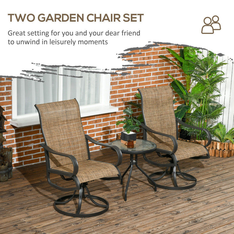 2-Piece Swivel Patio Dining Chairs, 360° Swivel Rocking Outdoor Chairs with Curved Armrests, Breathable Mesh Seat & S Shape Backrest for Yard, Lawn, Porch, Brown