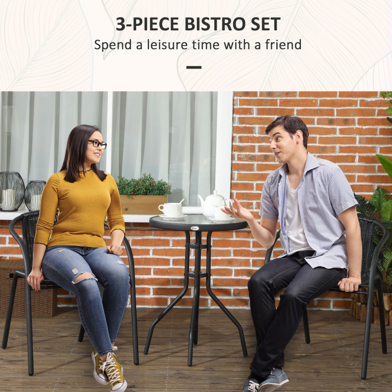 3 Pieces Outdoor Wicker Furniture Set with 2 Stackable Chairs, Tempered Glass Coffee Table for Garden, Backyard, Black