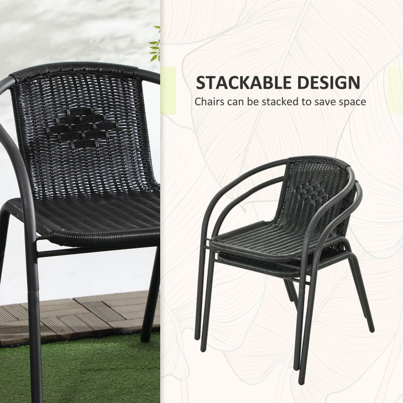 3 Pieces Outdoor Wicker Furniture Set with 2 Stackable Chairs, Tempered Glass Coffee Table for Garden, Backyard, Black