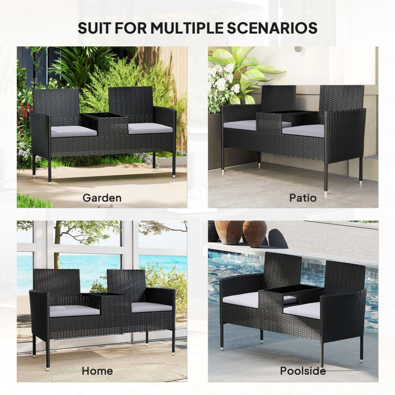Patio Furniture w/ Mid-Table PE Rattan Loveseat w/ Cushion, Light Grey