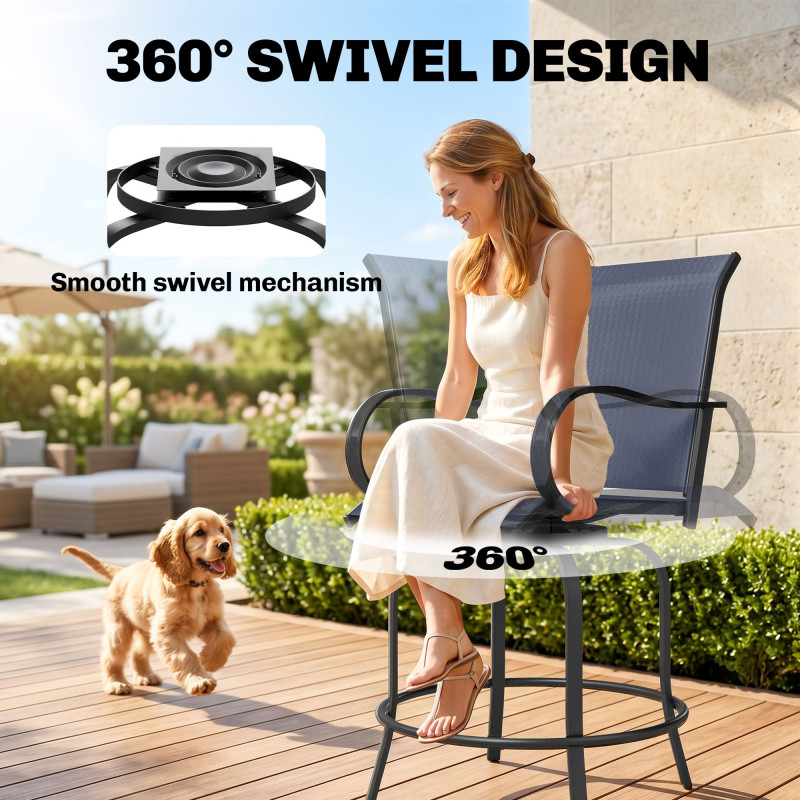 Outdoor Bar Stools Set of 2, 360° Swivel Bar Height Chairs, 26.8