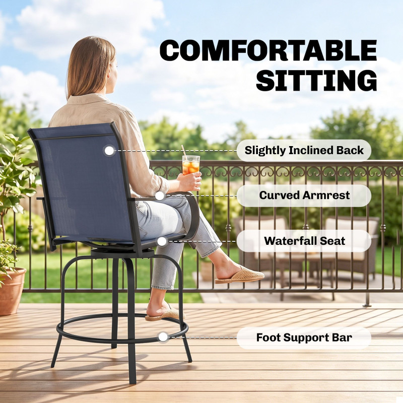Outdoor Bar Stools Set of 2, 360° Swivel Bar Height Chairs, 26.8