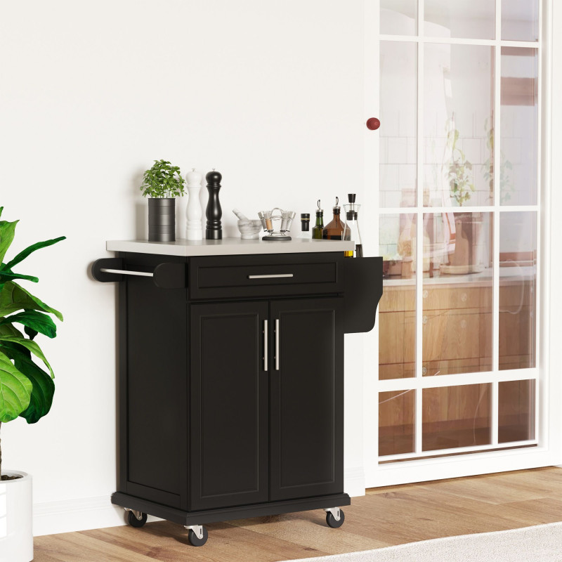 Kitchen Island with Stainless Steel Top, Rolling Kitchen Cart on Wheels with Storage Drawer, Cabinet, Towel Rack and Spice Rack (Black)