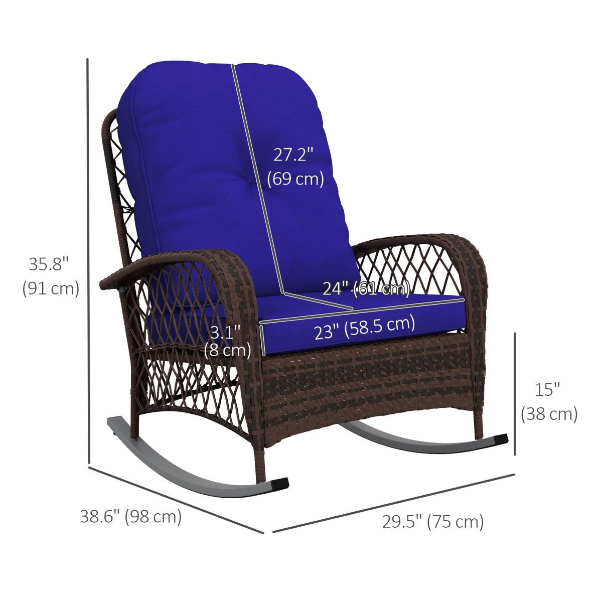 Outdoor Wicker Rattan Rocking Chair Patio Rocker with Thick Cushions for Garden Backyard Porch, Dark Blue