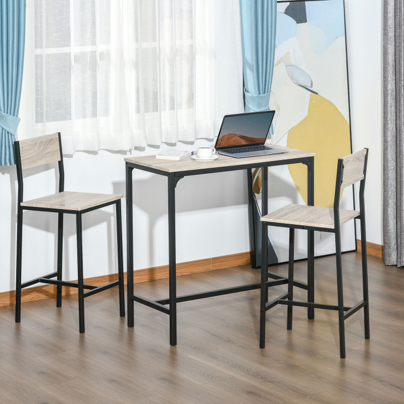 Industrial Bar Table Set Counter Height 3 Piece and 2 High Back Stools Set Dining Table Set Natural Wood