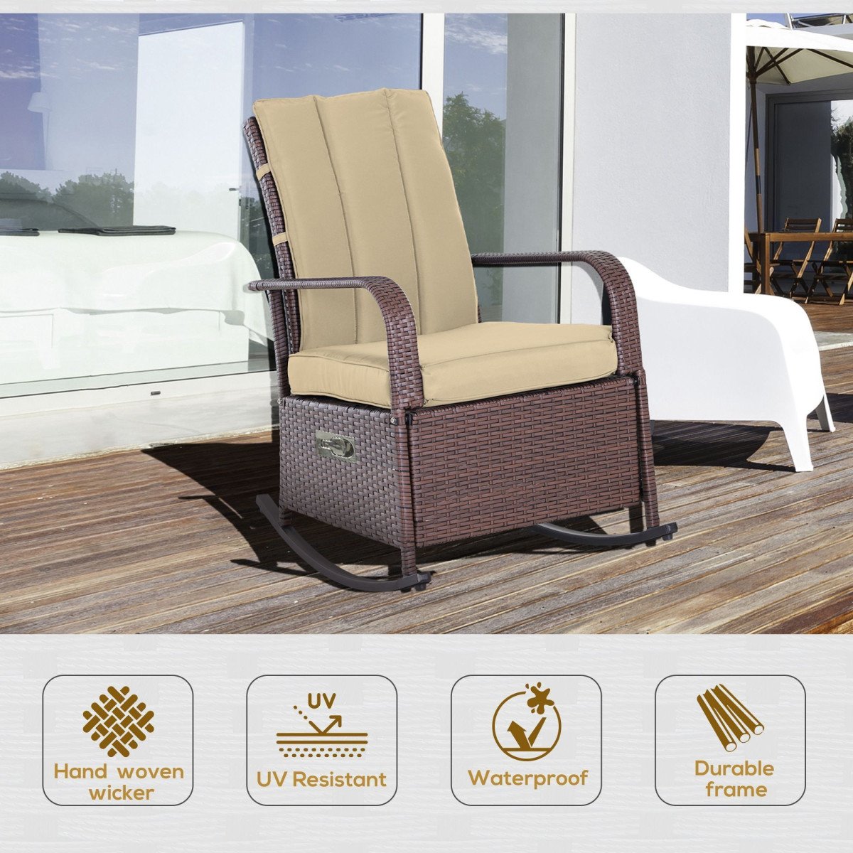 Outdoor Wicker Rocking Chair Patio PE Rattan Recliner Chair with Cushion, Adjustable Footrest, Armrests, Khaki