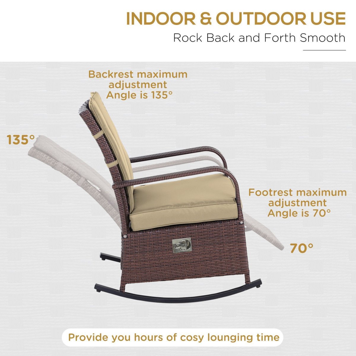 Outdoor Wicker Rocking Chair Patio PE Rattan Recliner Chair with Cushion, Adjustable Footrest, Armrests, Khaki