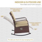 Outdoor Wicker Rocking Chair Patio PE Rattan Recliner Chair with Cushion, Adjustable Footrest, Armrests, Khaki