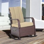 Outdoor Wicker Rocking Chair Patio PE Rattan Recliner Chair with Cushion, Adjustable Footrest, Armrests, Khaki