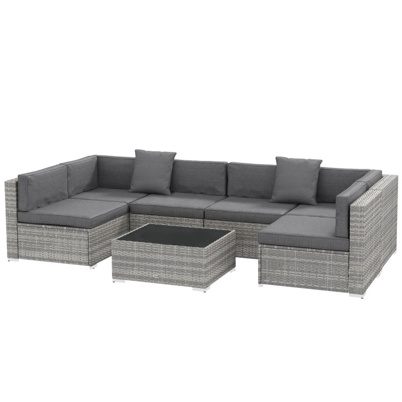 7pc Patio Wicker Set w/ Tea Table Wicker Sectional Sofa Set Grey