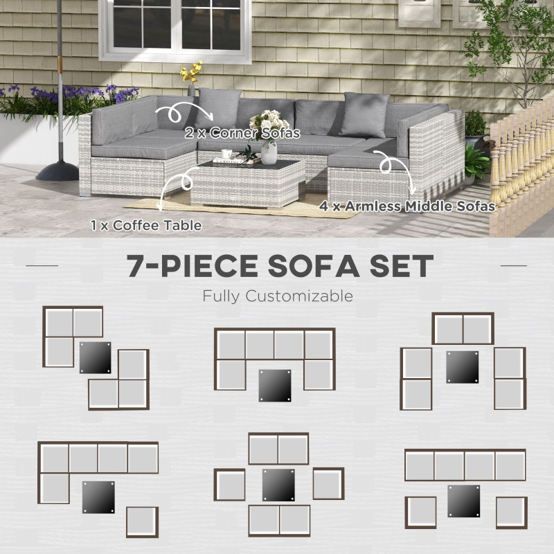 7pc Patio Wicker Set w/ Tea Table Wicker Sectional Sofa Set Grey