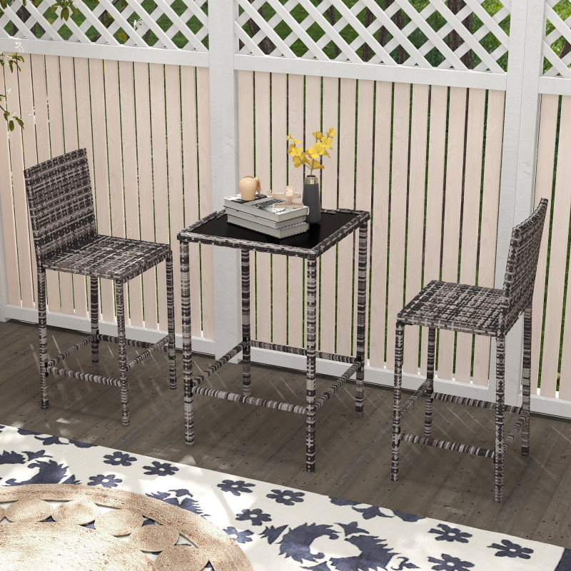 3 Piece Patio Bar Set Wicker Rattan Garden Bistro Set Barstool and Table for Patio Backyard Balcony Poolside, Grey