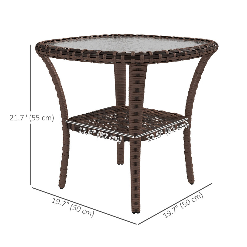 Outdoor Coffee Table with Storage Shelf, Hand-Woven Wicker Side Table with Water-Ripple Glass Top, Mix Brown
