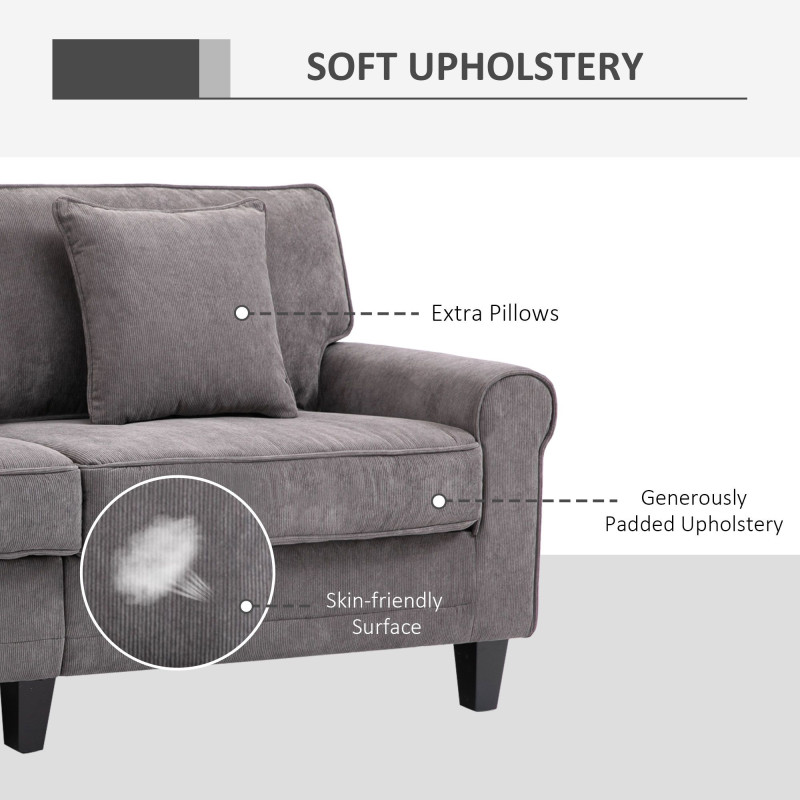Modern 3 Seater Sofa, Corduroy Fabric 3 Seater Couch with Pine Wood Legs and Rolled Armrests for Living Room, Light Grey