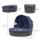 4 Pieces Outdoor Daybed with Retractable Canopy, Wicker Round Sofa Day Bed, Conversation Furniture Set, Dark Blue