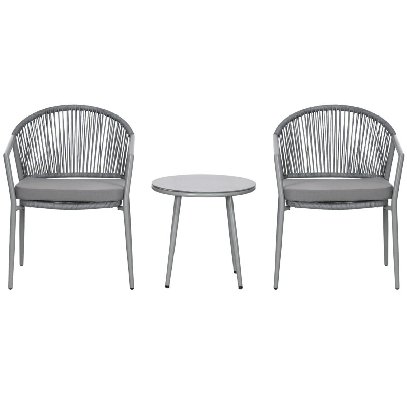 3-Piece Rattan Bistro Set, Garden Seating Group with 2 Armchairs and Coffee Table, Balcony Furniture Set, Grey