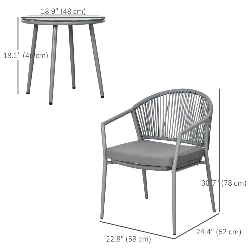 3-Piece Rattan Bistro Set, Garden Seating Group with 2 Armchairs and Coffee Table, Balcony Furniture Set, Grey