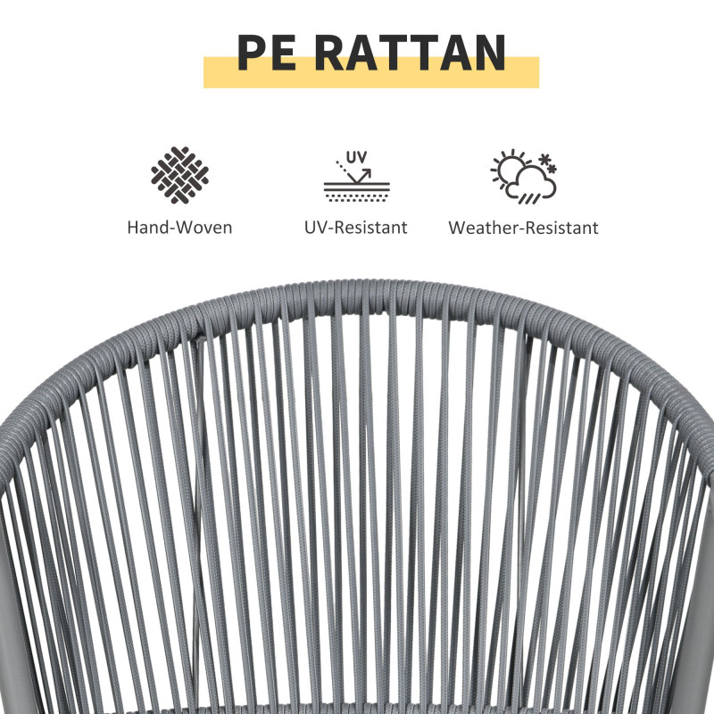 3-Piece Rattan Bistro Set, Garden Seating Group with 2 Armchairs and Coffee Table, Balcony Furniture Set, Grey