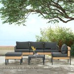 6 Pieces Patio Furniture Set with Sofa, Armchair, Stool, Table, Cushions, Outdoor Wicker Conversation Sofa Set
