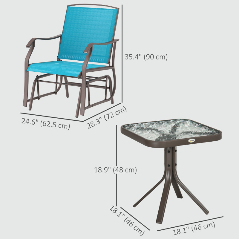 3 Piece Patio Glider Set Outdoor Gliders with Breathable Mesh Seat, Glass Top Table for Garden, Yard, Blue