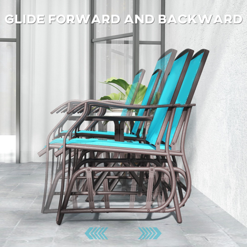 3 Piece Patio Glider Set Outdoor Gliders with Breathable Mesh Seat, Glass Top Table for Garden, Yard, Blue