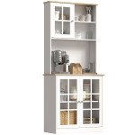 Kitchen Buffet with Hutch, Storage Pantry with 3 Cabinets, 2 Open Shelves and Large Countertop, White