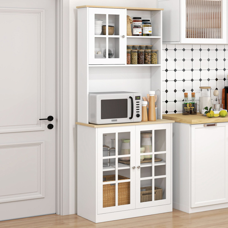 Kitchen Buffet with Hutch, Storage Pantry with 3 Cabinets, 2 Open Shelves and Large Countertop, White