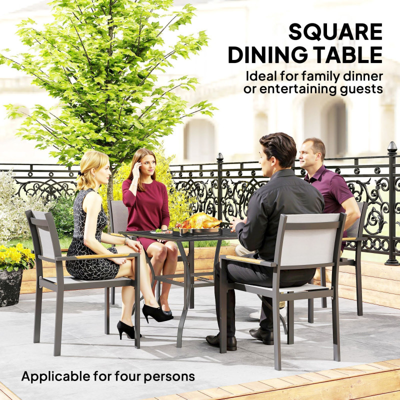 Square Outdoor Patio Dining Table, Garden Table with Umbrella Hole, Slatted Metal Top for Backyard, Poolside, Dark Grey