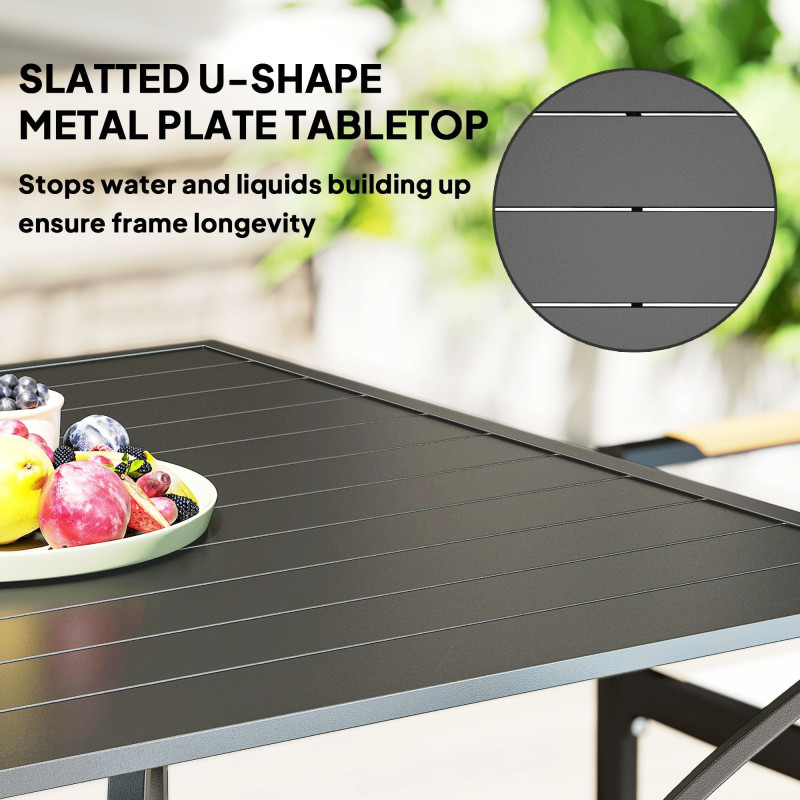 Square Outdoor Patio Dining Table, Garden Table with Umbrella Hole, Slatted Metal Top for Backyard, Poolside, Dark Grey