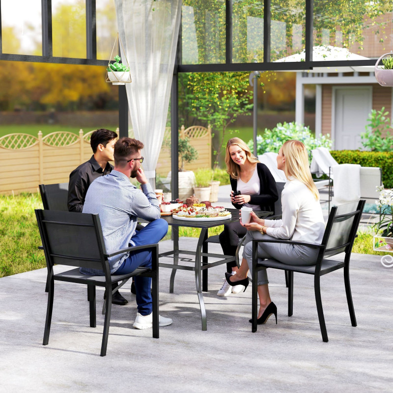 Square Outdoor Patio Dining Table, Garden Table with Umbrella Hole, Slatted Metal Top for Backyard, Poolside, Dark Grey