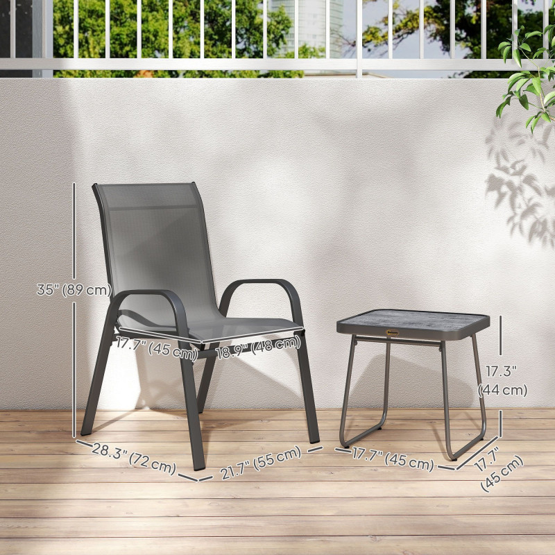 Outdoor Bistro Set of 3, 3-Piece Patio Set with Breathable Mesh Fabric, Stackable Chairs and Square Table, Light Grey