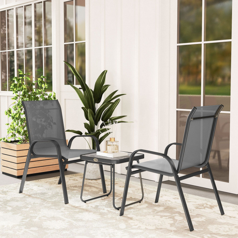 Outdoor Bistro Set of 3, 3-Piece Patio Set with Breathable Mesh Fabric, Stackable Chairs and Square Table, Light Grey
