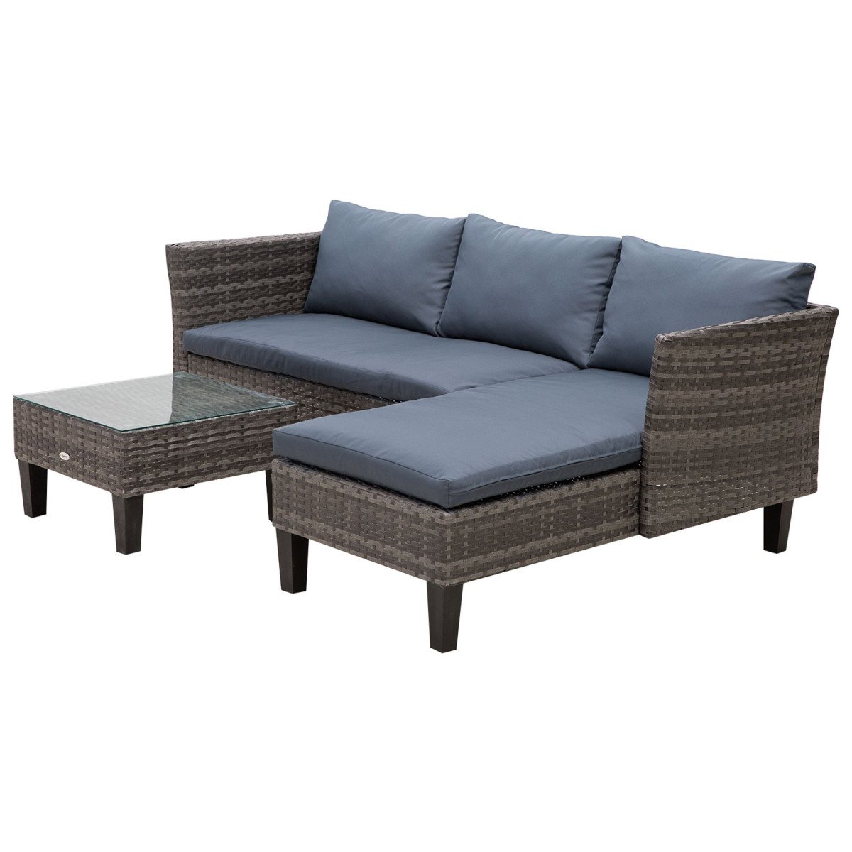 3 Piece Wicker Patio Furniture Set Outdoor Sofa Set with Glass Tabletop, Cushions Metal Frame for Balcony, Patio, Grey