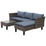 3 Piece Wicker Patio Furniture Set Outdoor Sofa Set with Glass Tabletop, Cushions Metal Frame for Balcony, Patio, Grey