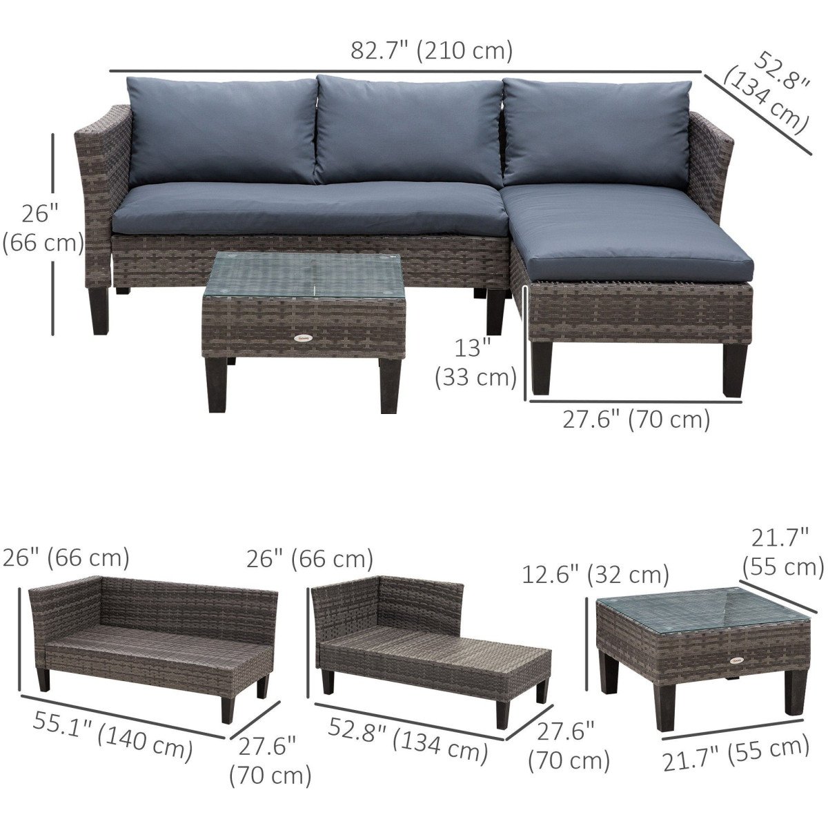 3 Piece Wicker Patio Furniture Set Outdoor Sofa Set with Glass Tabletop, Cushions Metal Frame for Balcony, Patio, Grey