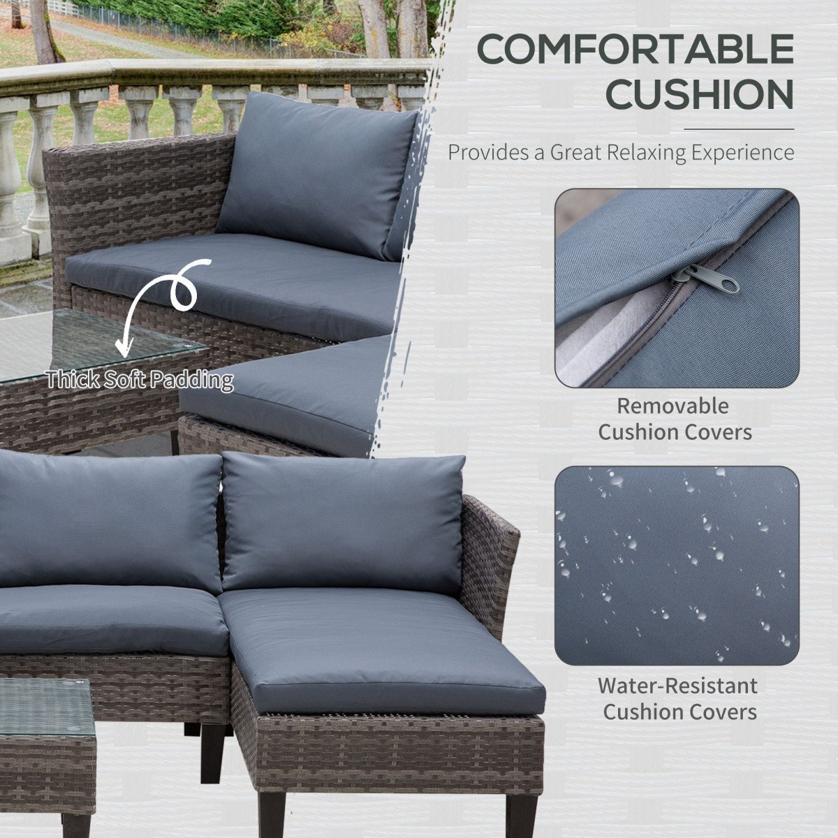 3 Piece Wicker Patio Furniture Set Outdoor Sofa Set with Glass Tabletop, Cushions Metal Frame for Balcony, Patio, Grey