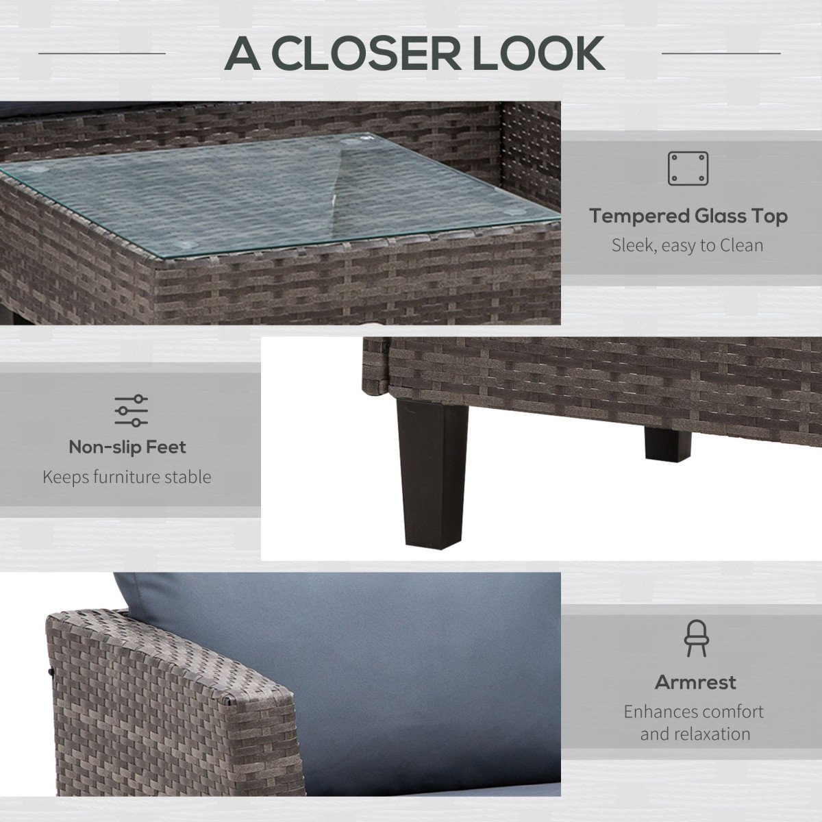 3 Piece Wicker Patio Furniture Set Outdoor Sofa Set with Glass Tabletop, Cushions Metal Frame for Balcony, Patio, Grey
