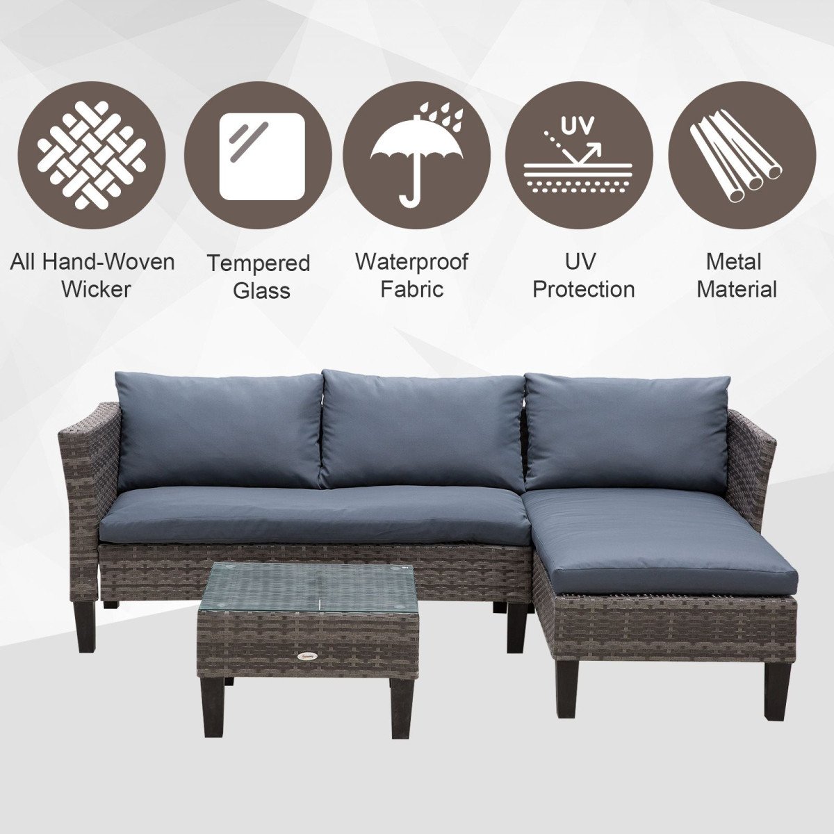 3 Piece Wicker Patio Furniture Set Outdoor Sofa Set with Glass Tabletop, Cushions Metal Frame for Balcony, Patio, Grey